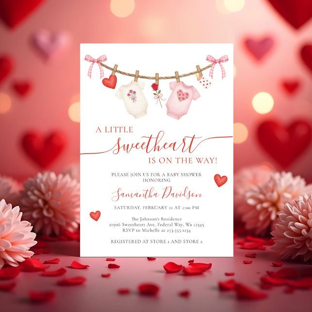 Convites Roupa de Coração de Namorado Chuveiro de Bebê (Sweetheart Valentine Clothesline Baby Shower Invitation)
