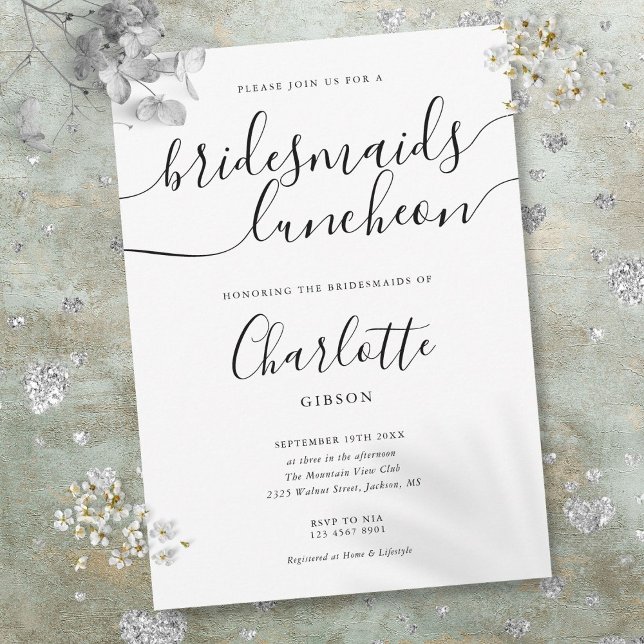 Convites Roupa De Letras Pretas E Brancas (Black And White Script Bridesmaids Luncheon Invitation)