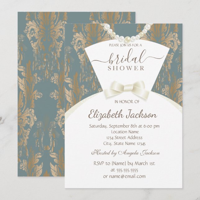 Convites Roupa de noiva chique Damask Chuveiro Nupcial (Frente/Verso)