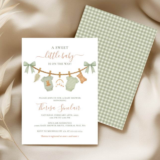 Convites Roupas Boho Verde Sage para Chá de Bebê em Varal (Sage Green Boho Clothesline Baby Shower Invitation)