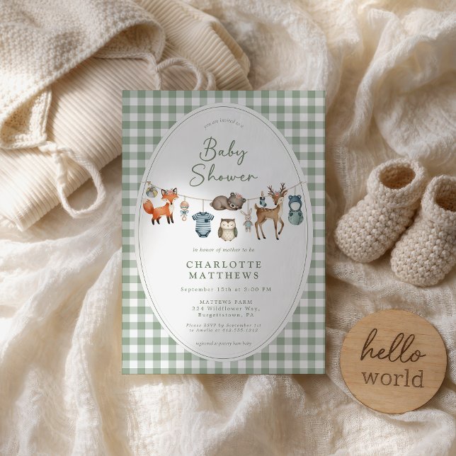 Convites Roupas de Animais da Floresta Baby Shower  (Sweet Woodland Clothesline Gingham Baby Shower Invitation)