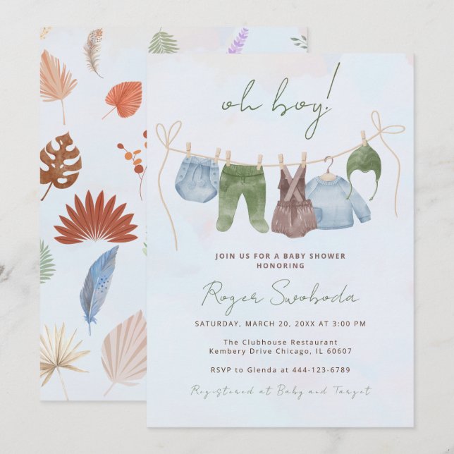 Convites Roupas de bebê azul aquarela boho Oh Boy (Frente/Verso)