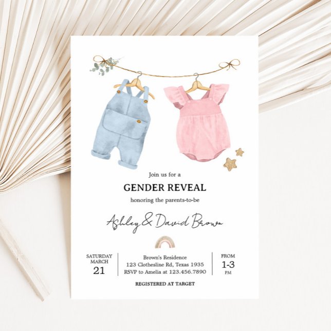 Convites Roupas de Bebê Boho Revelação do Sexo (Boho Baby Clothesline Baby Shower Invitation)