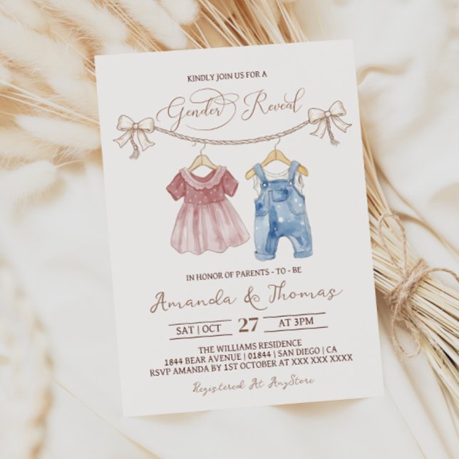 Convites Roupas de Bebê Boho Rosa Azul Revelação de Gênero (Criador carregado)