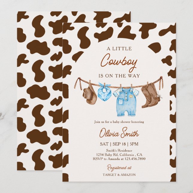 Convites Roupas de Bebê Cowboy Azul e Marrom Chuveiro de Be (Frente/Verso)