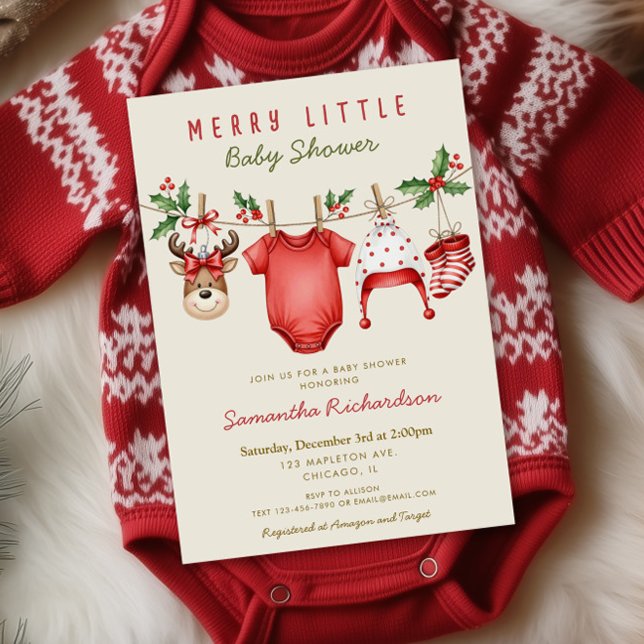 Convites Roupas de bebê de rena fofa Merry Little Christmas (Criador carregado)