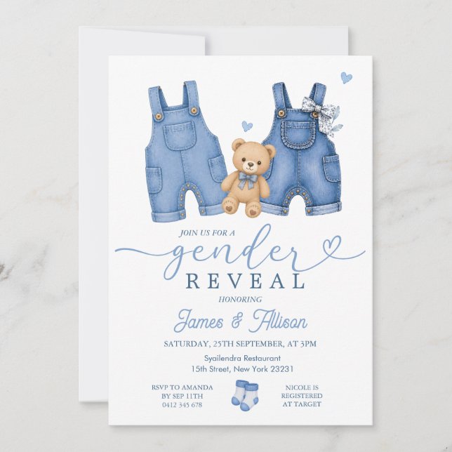 Convites Roupas de Bebê Jeans Urso Revelação de Gênero (Frente)