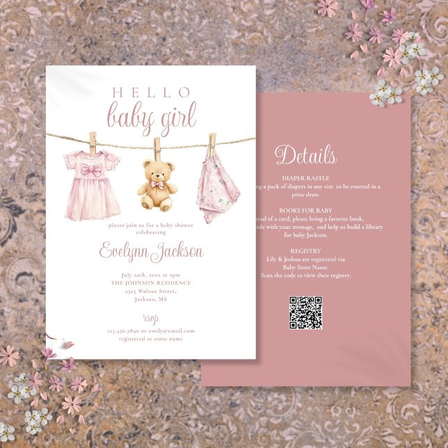 Convites Roupas de Bebê Menina Rosa Varal Chá de Bebê Tudo  (Pink Girl Clothesline Baby Shower All In One Invitation)