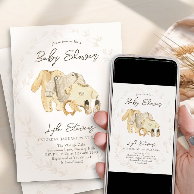 Convites Roupas de Bebê Neutras para Chás de Bebê (Baby Clothes Baby Shower Invitation - from my Baby Clothes Baby Shower Collection)