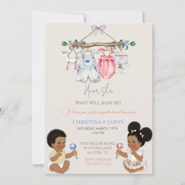 Convites Roupas de bebês Sexo Revelação de marfim rosa azul (Frente)