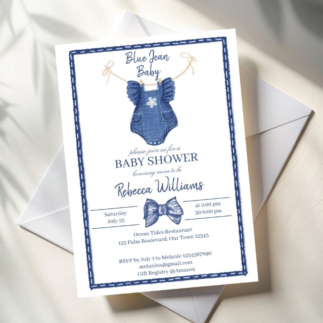 Convites Roupas de jean azul no chá de fraldas de linha (Blue jean girls clothes on a line  coquette bow baby shower invitation cards template)