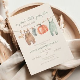 Convites Roupas de Outono Little Pumpkin Menino Baby Shower
