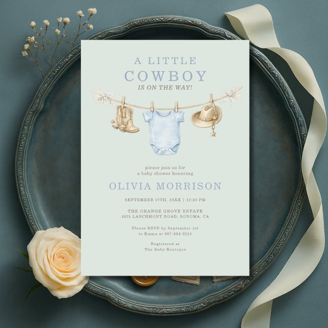 Convites Roupas de Pequeno Cowboy Baby Shower (Criador carregado)