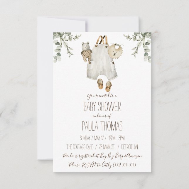 Convites Roupas para bebês Chá de fraldas neutro (Frente)