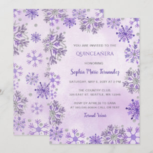 Convites roxa Quinceañera de Inverno com Glitter de Floco d