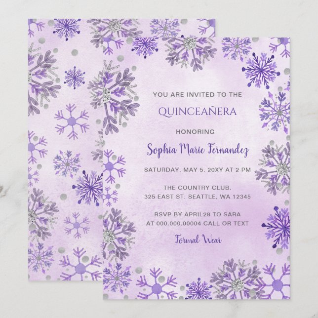 Convites roxa Quinceañera de Inverno com Glitter de Floco d (Frente/Verso)