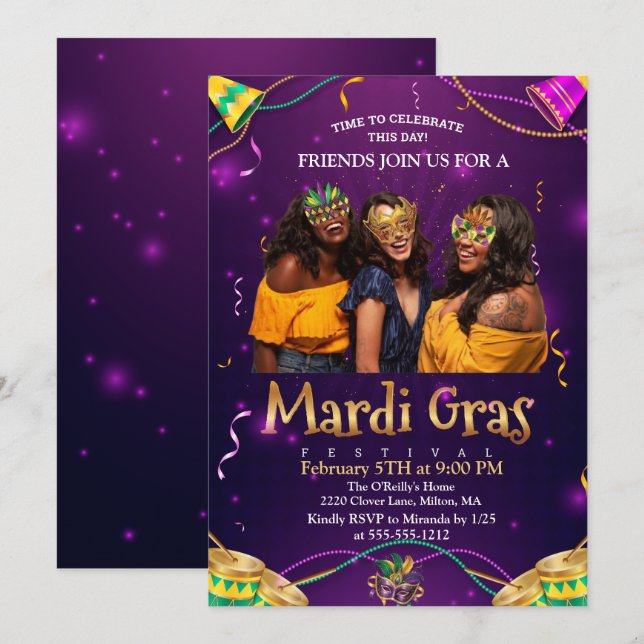 Convites Roxa | Teal Mascarada Mask Mardi Gras Party (Frente/Verso)