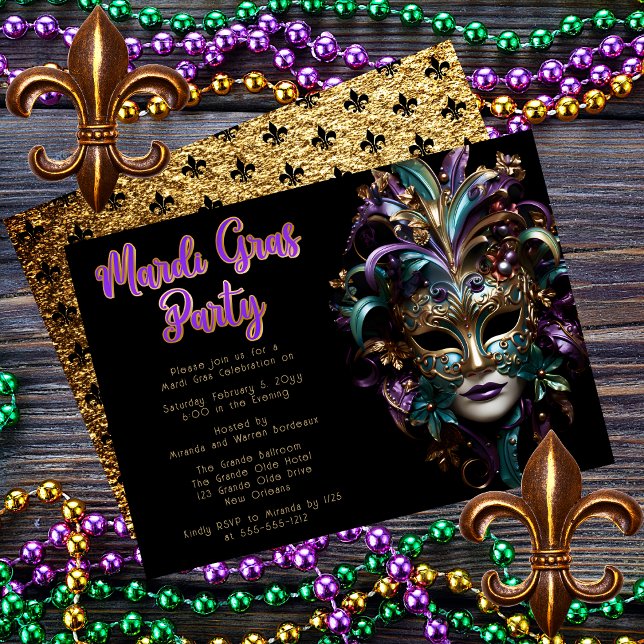 Convites Roxa | Teal Mascarada Mask Mardi Gras Party (Purple and Teal Masquerade Mask Mardi Gras Party Invitation)
