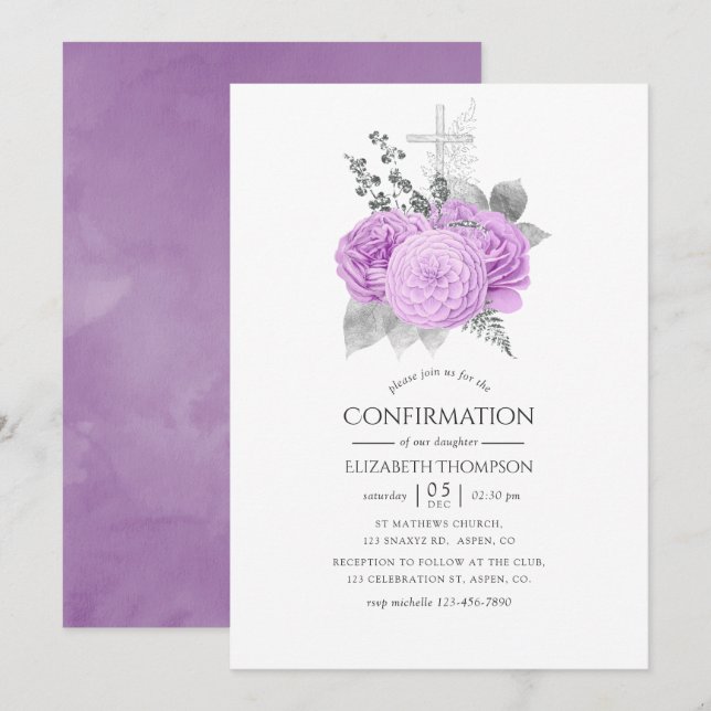 Convites Roxa Vintage Pastel Roxo e Prata Confirmação (Frente/Verso)