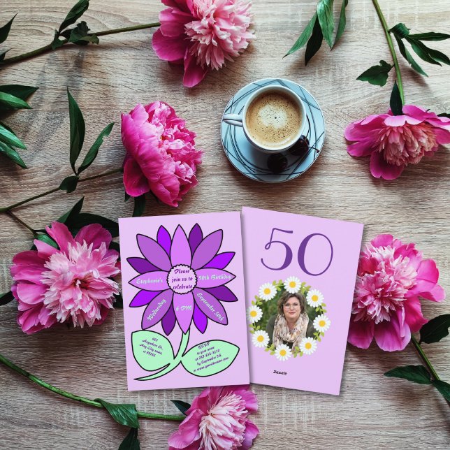 Convites Roxo 50º Aniversário Simples Roxo Girassol (Criador carregado)