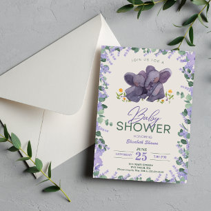 Convites Roxo Adorável e Elefante Floral Verde
