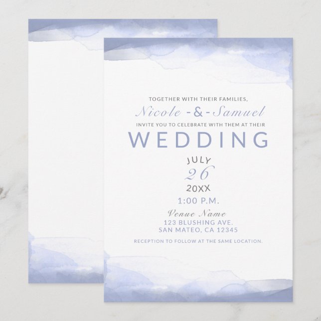 Convites Roxo Água-Marinha Aquarela Casamento Moderno Chiqu (Frente/Verso)