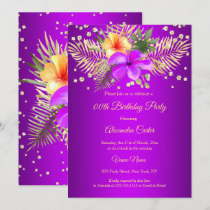 Convites Roxo Amarelo dourado palmeira floral Aniversário