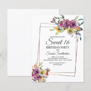 Convites Roxo Amarelo Floral Geométrico Sweet 16 Aquarela