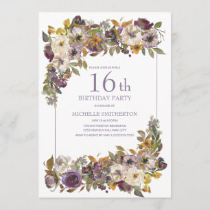 Convites Roxo Amarelo Marfim Floral Folhagem 16º Aniversári