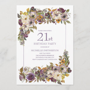 Convites Roxo Amarelo Marfim Folhagem Floral Aniversário de