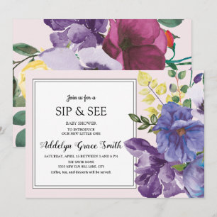 Convites Roxo Amarelo Rosa Floral Bebê Chá de Bebê