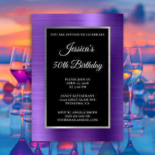 Convites Roxo Âmbar Folha de Prata Preto Aniversário de 50