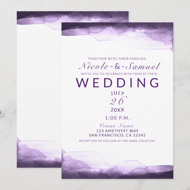 Convites Roxo Ameixa Água-marinha Casamento Moderno (Frente/Verso)
