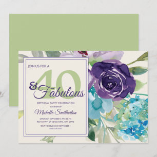 Convites Roxo Ameixa Azul Floral Aquarela 40 e Fabuloso