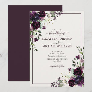 Convites Roxo Ameixa Creme Floral Aquarela Casamento de Out
