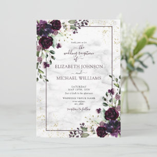 Convites Roxo Ameixa Dourado Aquarela Mármore Recepção de O