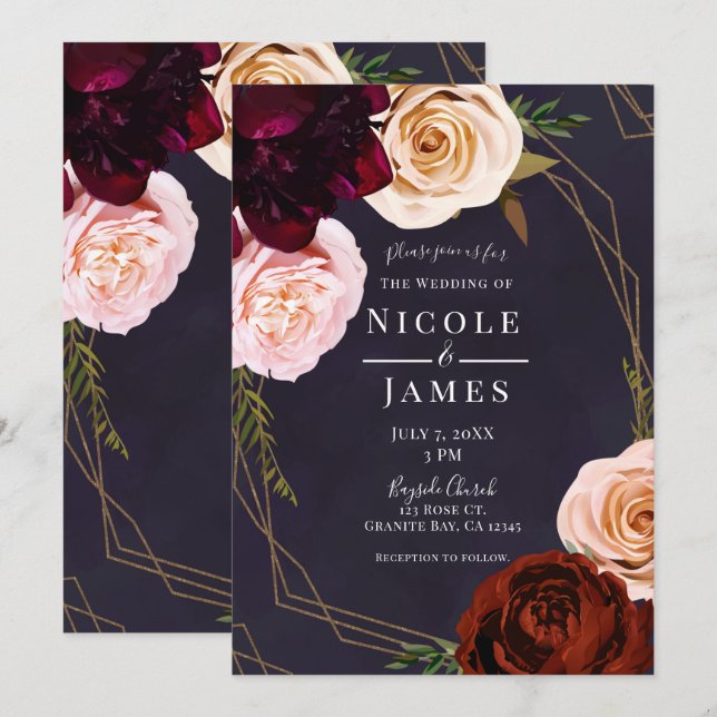 Convites Roxo Ameixa & Dourado Casamento Floral Rústico Mod (Frente/Verso)