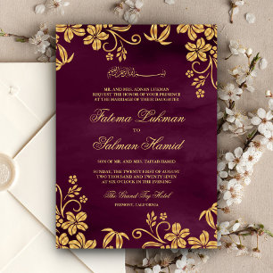 Convites Roxo Ameixa Dourado Floral Casamento Islâmico Muçu