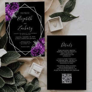Convites Roxo Ameixa Prata Floral Código QR Preto Casamento