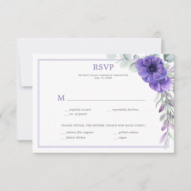 Convites Roxo Anêmona Folhagem Quadro Duplo RSVP (Frente)