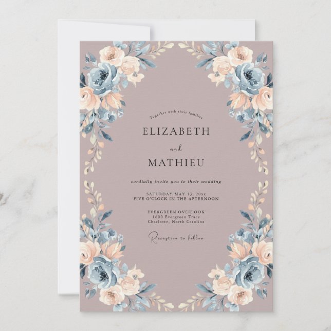 Convites Roxo Azul Aquarela Botânica Casamento (Frente)