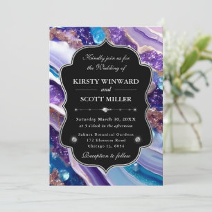 Convites Roxo Azul Brilho Mármore Casamento Elegante