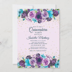 Convites Roxo Azul Floral Dourado Brilho Quinceañera