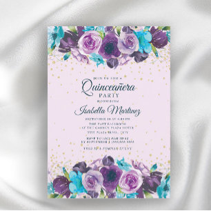 Convites Roxo Azul Floral Dourado Brilho Quinceañera