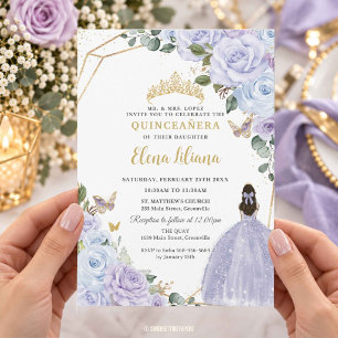 Convites Roxo Azul Poeira Floral Quinceañera XV