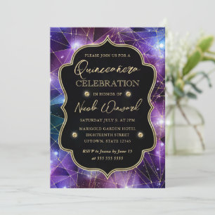 Convites Roxo & Azul Quinceanera Cristal Galaxy Meia-Noite