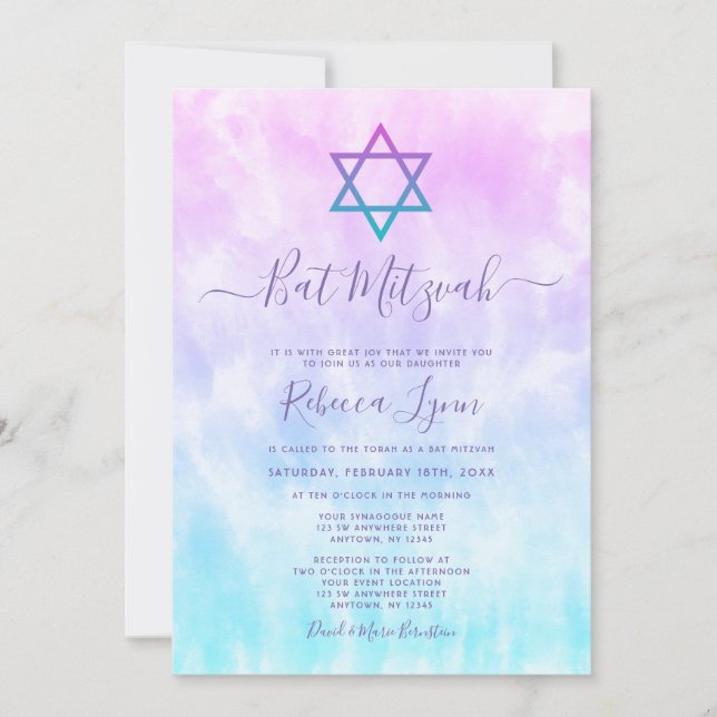 Convites Roxo Azul Turquesa Bat Mitzvah Tie Dye (Frente)