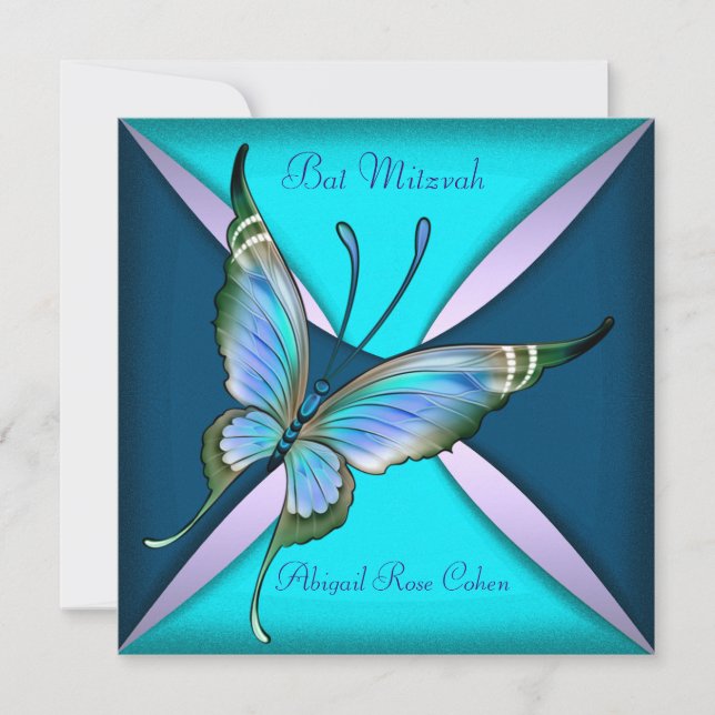 Convites Roxo Azul Turquesa Borboleta Bat Mitzvah (Frente)