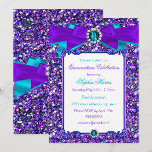 Convites Roxo Azul Turquesa Brilho Jóia Arco Quinceanera