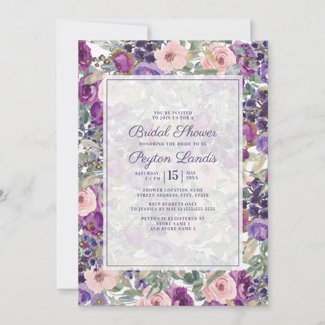 Convites Roxo Bege Flora Salvia Verde Folhas Noiva (Frente)
